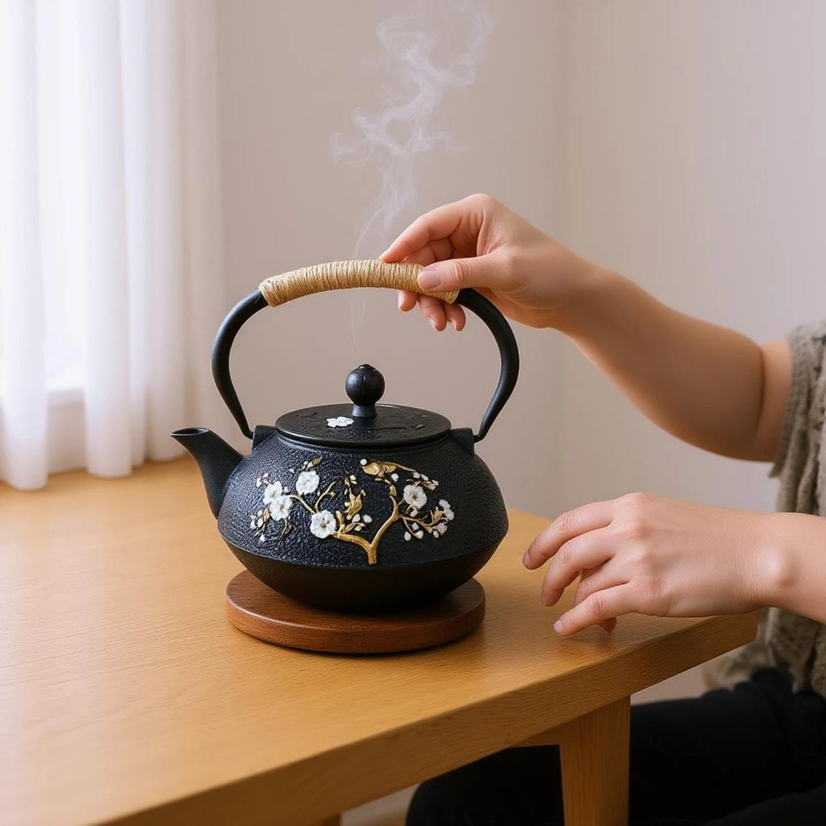 Japanese Floral Cast Iron Teapot