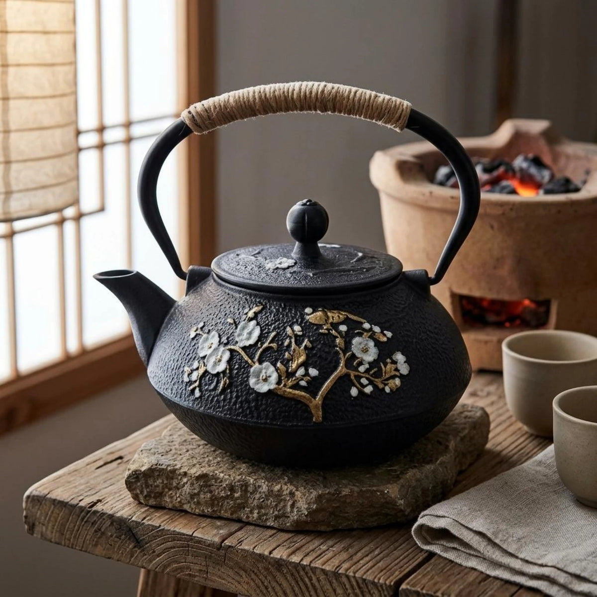 Japanese Floral Cast Iron Teapot