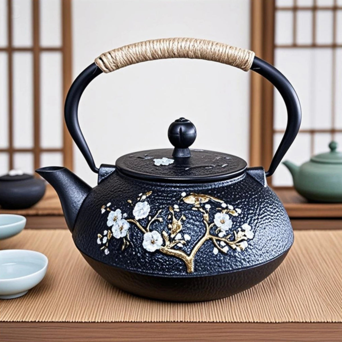 Japanese Floral Cast Iron Teapot
